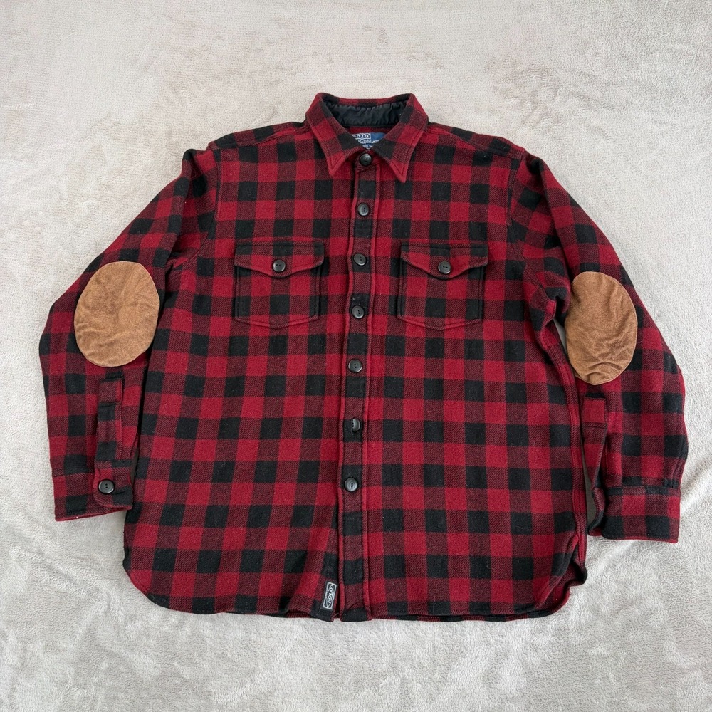VTG Polo Ralph Lauren Country Work Shirt Men Large Red Plaid Elbow Patch READ